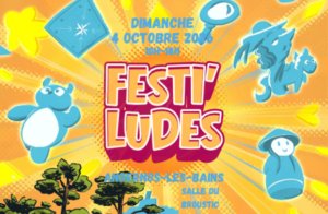 Affiche dans un univers japanisant et colorés avec du jaune, du bleu et du orange pour le festival Festiludes d'Andernos